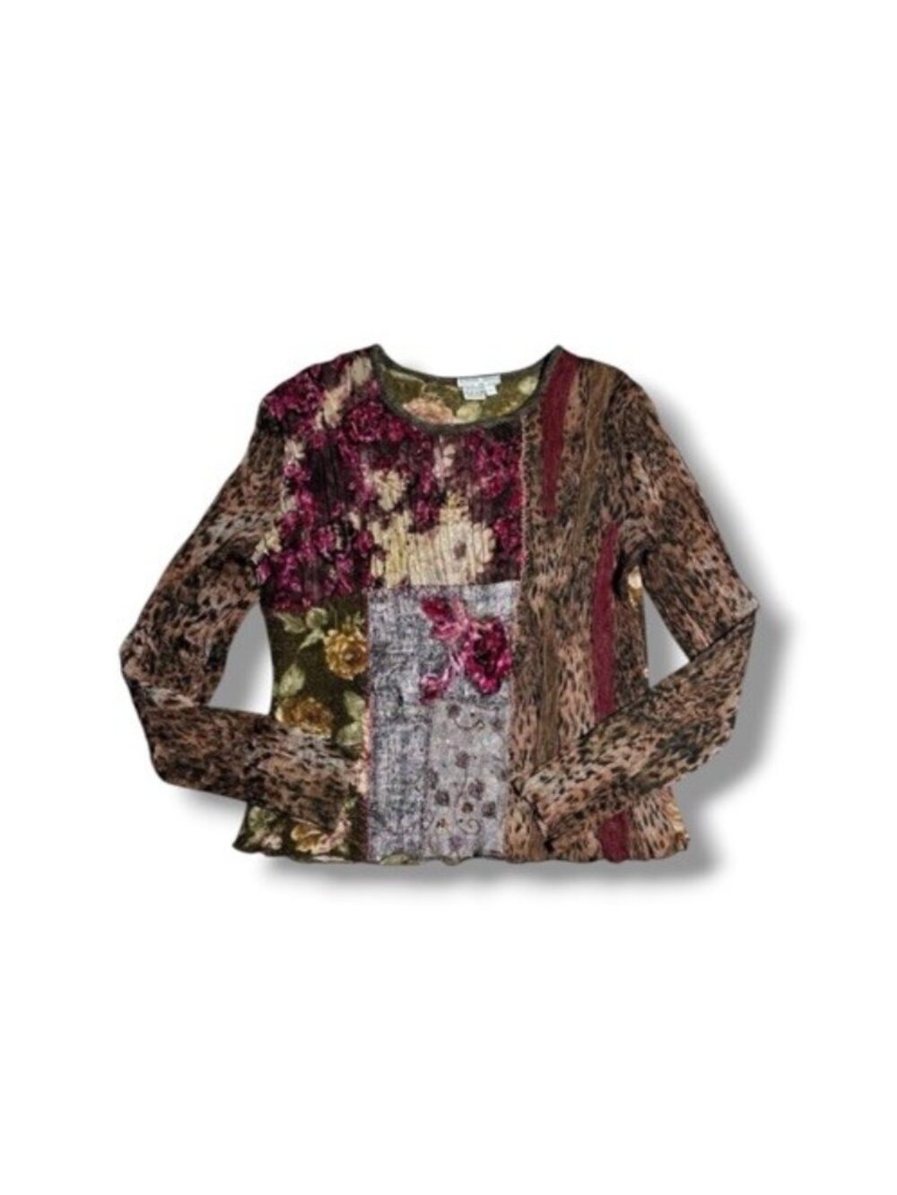 Alberto Makali 2000s Y2K Patchwork Velvet Floral Knit Mesh Leopard Print Top L